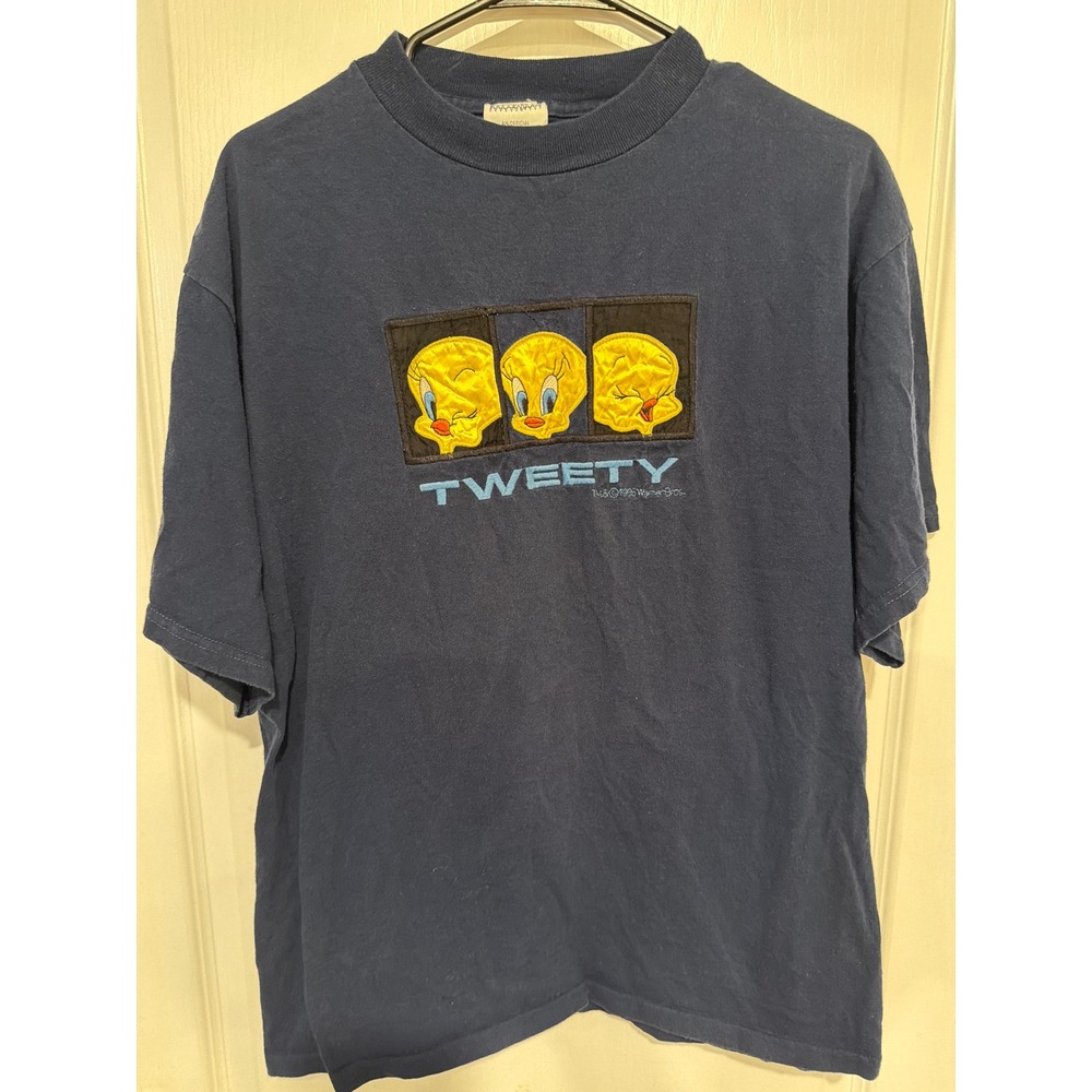 Vintage 1998 Looney Tunes Tweety Bird Embroidered Navy Blue T-Shirt Mens XL